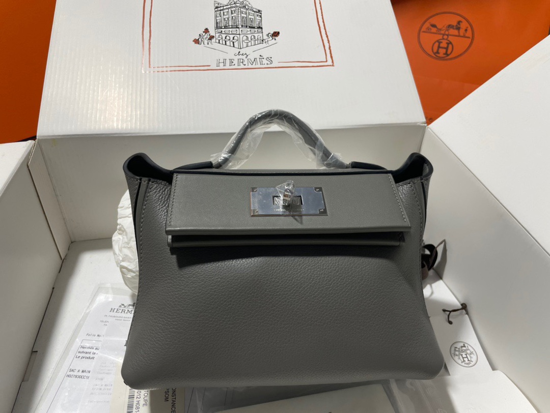 Hermes Kelly 2424 29cm Handbag in Dark Grey Clemence Leather